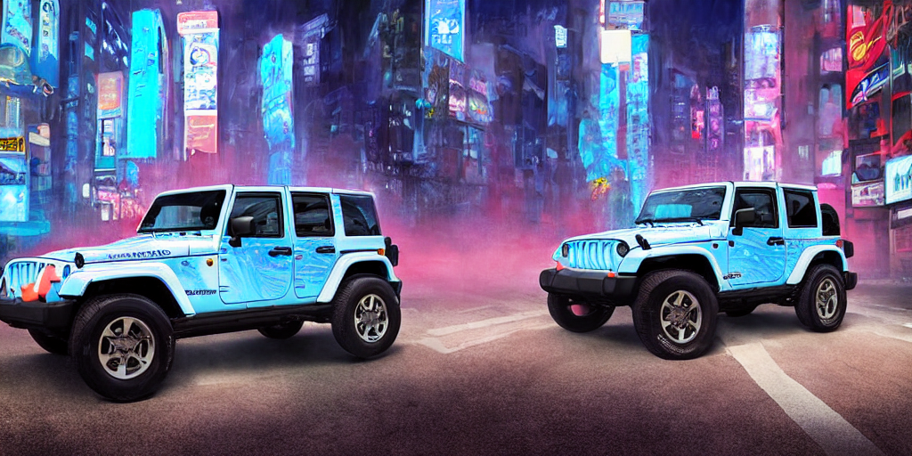 prompthunt: lonely itasha 1997 hardtop Jeep Wrangler off road, digital  painting, beautiful iridescent fog swallows urban Shibuya, planets can be  seen in the sky above, beautiful, neon night, cinematic, extraordinary,  colorful, photorealistic,