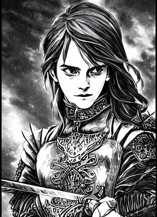 prompthunt: Emma Watson as a knight, highly detailed, black and white
