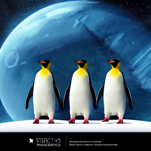 prompthunt: three penguins on the deck of a spaceship, planets in the  background, nebula star system, nuclear weapons, digital plainting, highly  detailed, trending on ArtStation