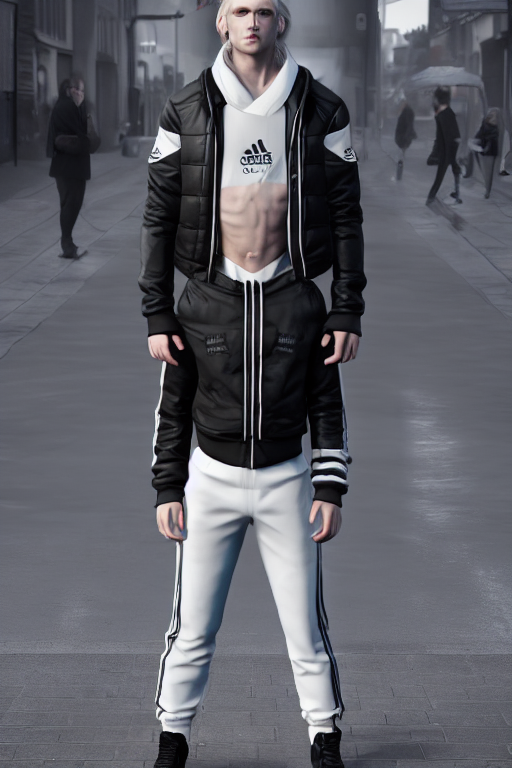 prompthunt: extreme long shot. blonde russian man in white adidas pants.  black jacket. white sneakers. sad face. staying on the street. 4k, 8k,  unreal engine, hyprerealistic, trending om artstation, masterpiece
