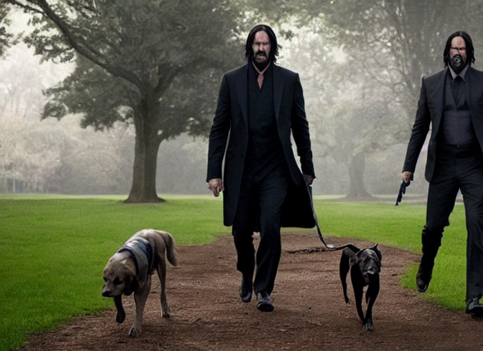 prompthunt film still of john wick played by keanu reeves walking his