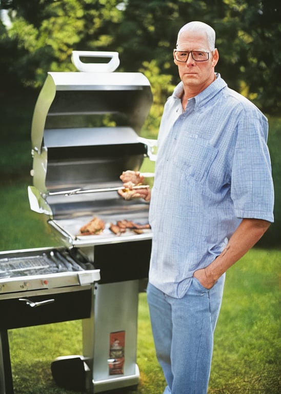 prompthunt live action hank hill standing next to a propane grill