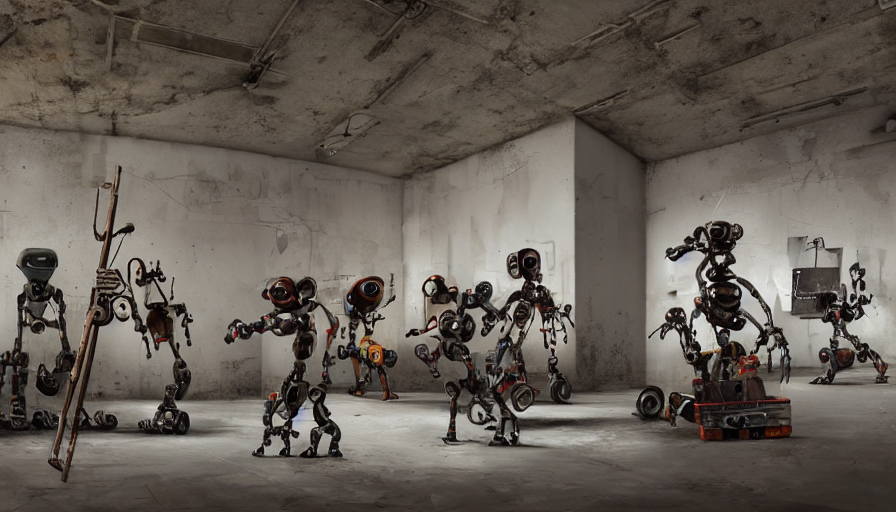 prompthunt: robots in an abandoned decrepit art gallery, robots stand in  front of landscape paintings, robots holding paintbrushes and easels,  landscape paintings on canvas with robots, 4 k, dramatic lighting,  cinematic lighting,