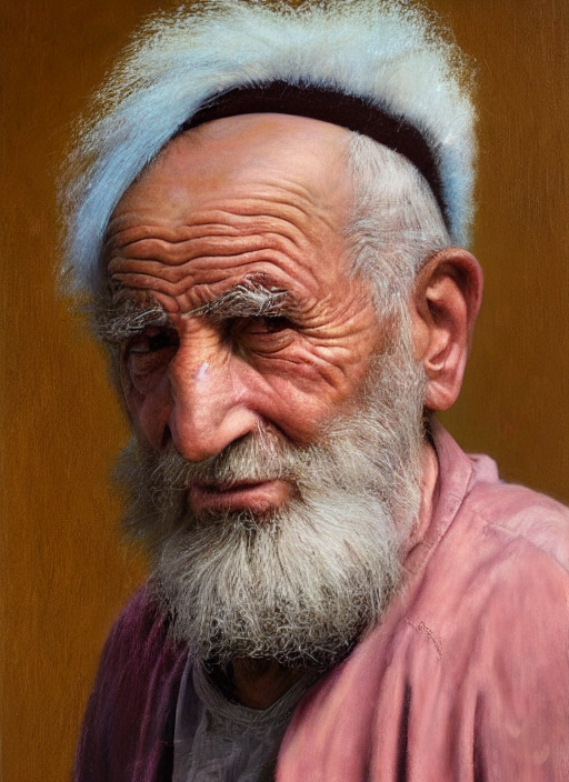 a portrait of old man with a pink mohawk by iman maleki, punk rock, oil painting, muted colours, soft lighting