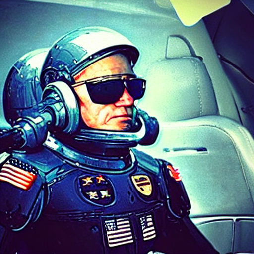 “Very photorealistic photo of Joe Biden piloting a mech suit wearing sunglasses, award-winning details”