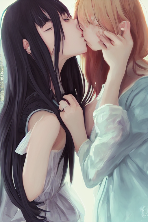 portrait of two girls kissing, anime, trending on, Stable Diffusion