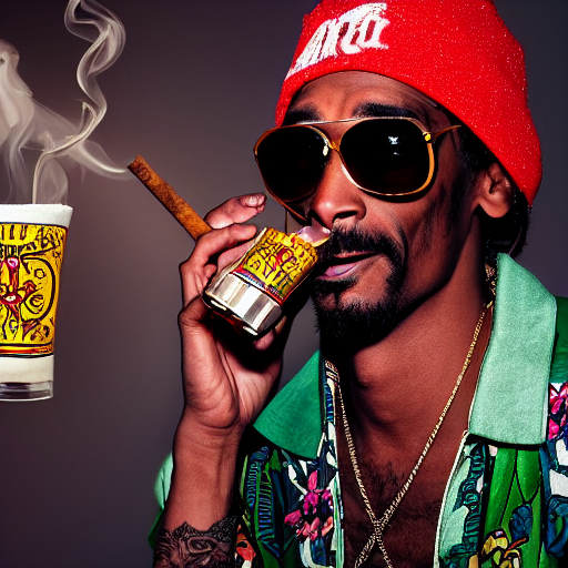 prompthunt: a closeup photorealistic photograph of happy stoned blunt  smoking snoop dogg at trader vic's bar holding up a trader vic's style tiki  mug featuring snoop dogg's face. tiki culture. lit scene.
