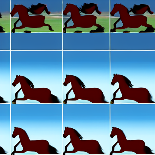 prompthunt: an animation of the same horse running left to right shot frame  by frame, separated into equally sized frames, from'animation types'