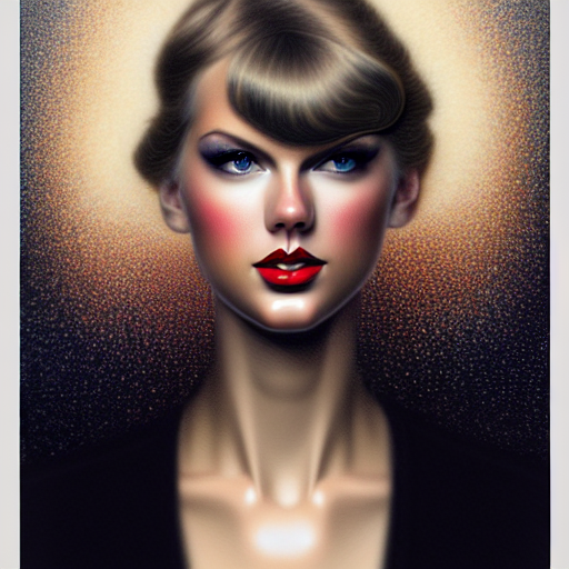 face portrait of an absurdly graceful, elegant, sophisticated taylor swift covered in black feathers in the style of casey baugh, vladimir kush, yasunari ikenaga, yasar vurdem, william oxer, intricate, beautiful, artstation 8 k, high resolutionsparkling atom fractals of jewls cords