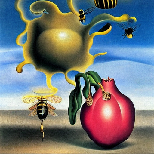 Dream Caused by the Flight of a Bee Around a Pomegranate a Second Before Awakening, a surrealist painting by Salvador Dalí