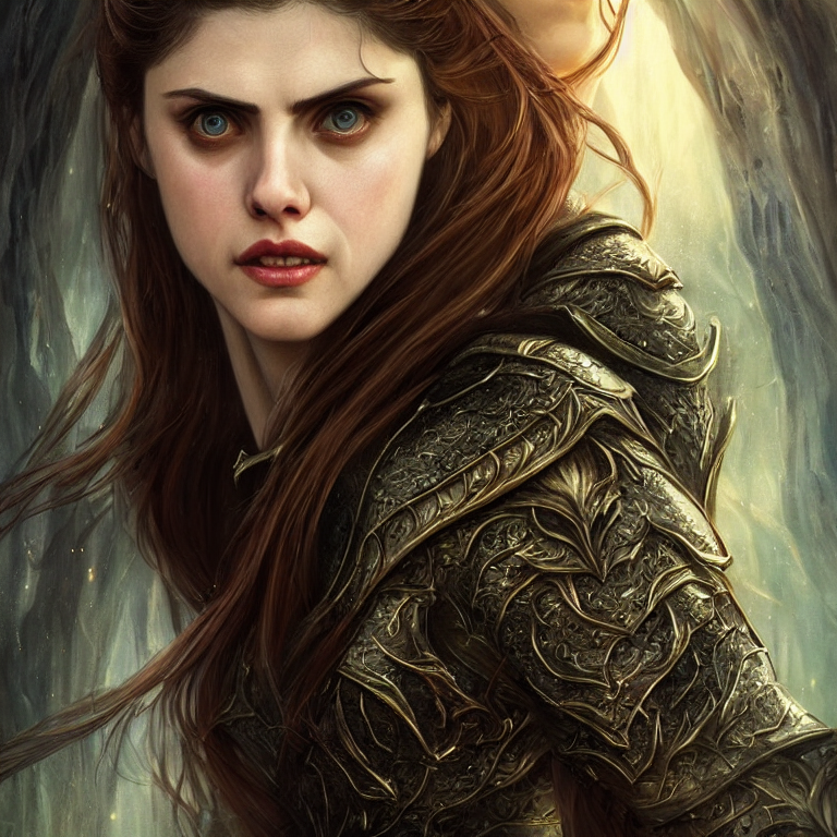 beautiful cinematic fantasy poster with Alexandra Daddario from Middle-Earth, fantasy, portrait, sharp focus, intricate, elegant, digital painting, artstation, matte, highly detailed, concept art, illustration, ambient lighting, hybrid from The Elden Ring and art direction by Darius Zawadzki ;by artgerm; wayne reynolds art station; cinematic quality character render; low angle; ultra high quality model; production quality cinema model;