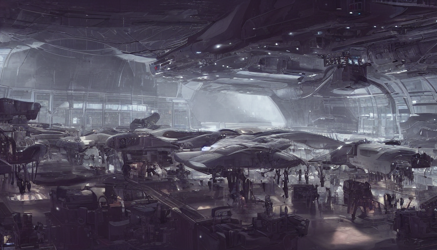 Interior of a illuminated space hangar with vessels, Stable Diffusion