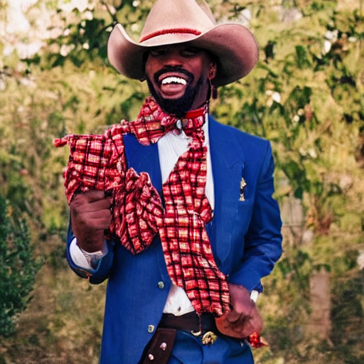 prompthunt: king von laugh with fbg dug ( circa 1 9 0 1 ) in cowboy suit,  theyre used red and blue bandana