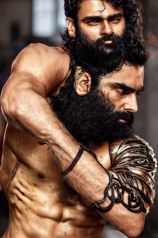 prompthunt: beautiful gigachad with slick brown beard, wavy hair, huge  glistening muscles, many scars, wearing golden armour. bollywood action  movie still.