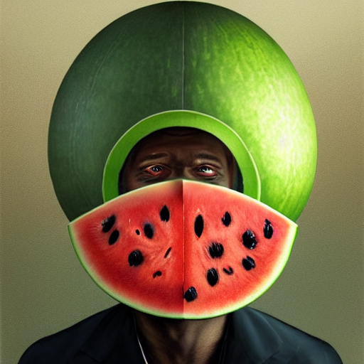 front portrait of a goofy looking neutral emotion black guy with a watermelon fruit helmet that covers only the top of his head by greg rutkowski