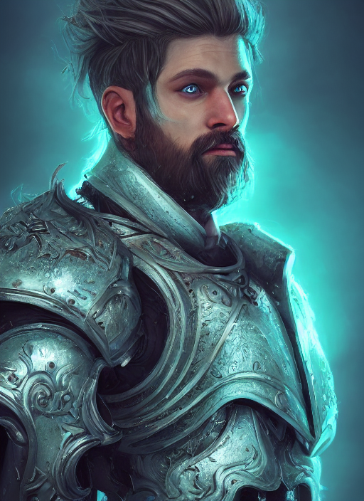 an epic fantastic realism style portrait painting of an aasimar paladin, male, silver hair, short brown beard, d & d concept art, unreal 5, daz, teal aesthetic, octane render, centered in frame, cosplay, rpg portrait, dynamic lighting