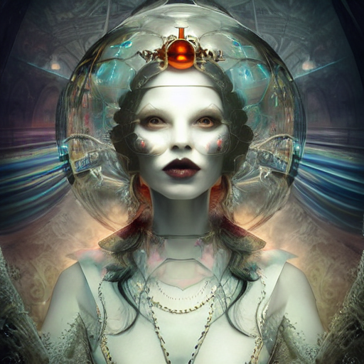 By Tom Bagshaw, ultra realist octane render of a floating transparent glass sphere, filled with a dark curiosities carnival scene mixed with a beautiful gothic queen dressed, reflection and refraction, gods ray, symmetry accurate features, very intricate details, volumetric light, artstation