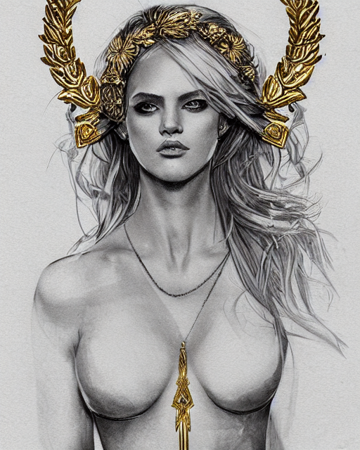 prompthunt: tattoo design sketch of hot blonde super model as aphrodite greek goddess wearing a gold laurel wreath and triangle earrings, beautiful piercing gaze with sharp pupils, in the style of greg