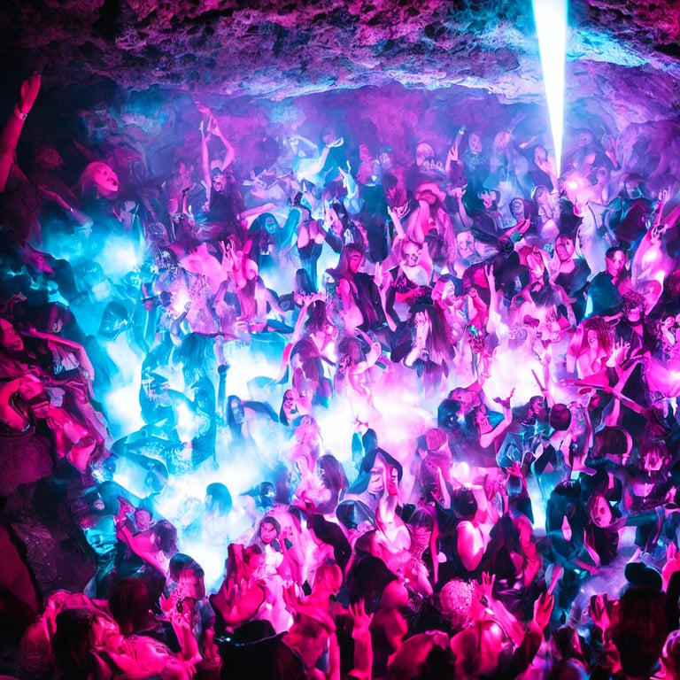 prompthunt: cinematic shot of a goth disco nightclub in a cave, knives made  of pink lasers and blue crystals forming the shape of a sphere, goth people  dancing, 8k photograph