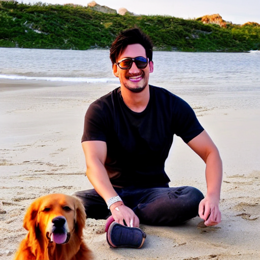 prompthunt: markiplier sitting on the beach with a golden retriever ...