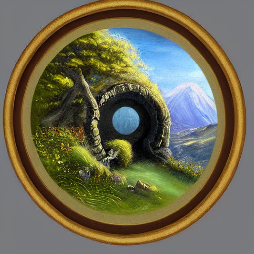 prompthunt: landscape painting of bag end hobbit hole, round door, tolkein,  lord of the rings, painting by bob ross
