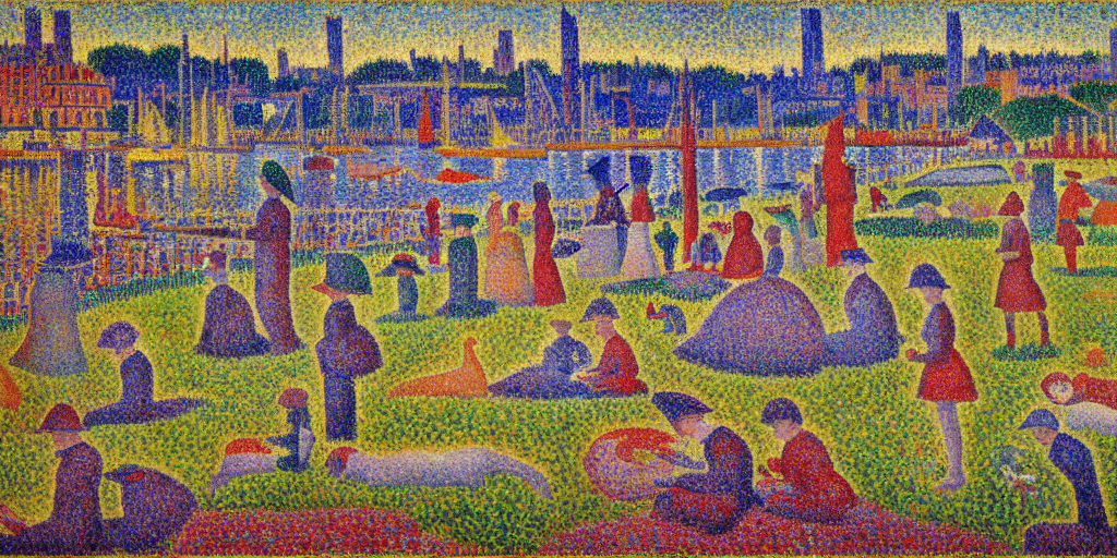 prompthunt: a london landscape in the style of georges seurat and paul  signac, henry moret, pointillism, post - impressionism, highly detailed,  atmospheric