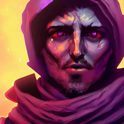 an oil art close up portrait of young man, roma dark rogue, with purple magic in style of darkest dungeon character, gipsy man rogue character design from assassin's creed, 4 k, ultra detail, volumetric lighting, unreal engine, octane render