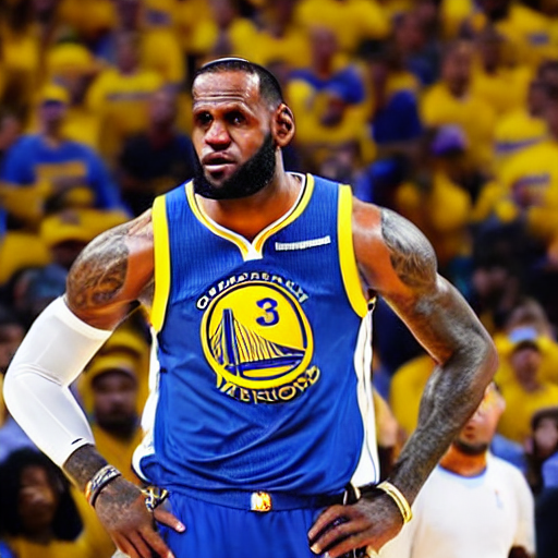 prompthunt: professional close!!! up!!! shot!!! photograph of lebron james  wearing a golden state warriors jersey in an nba game, wearing nba jersey,  focus on face, clear image, as seen on getty images,