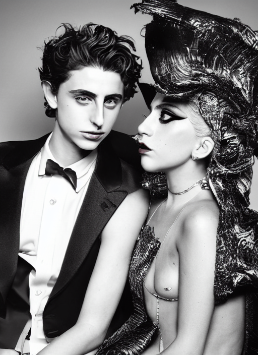 prompthunt: lady gaga and timothee chalamet meet, posing, old hollywood  themed, classy, glamour, full body shot, set pieces, intricate set, vogue  magazine, canon, highly realistic. high resolution. highly detailed.  dramatic. 8 k.