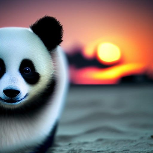 prompthunt: a closeup photorealistic photograph of a stylish panda themed  Pomeranian puppy dog wearing cat-eye sunglasses at the beach during sunset.  Ocean in the background. This 4K HD image is Trending on