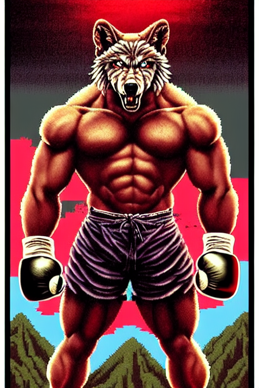 extreme long shot. 8 bit nes graphics. antropomorphic muscular masculine wolf. kickboxer fighter, in shorts. wolf head. angry. fine details, very sharp, art from nes game cartridge, 8 0's, vhs artefacts, vaporwave style, marc simonetti and hermann nitsch and anish kapoor.