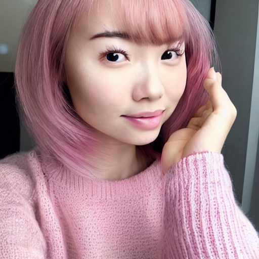 selfie photograph of a cute thin petite chinese young woman with light pink hair, long hair, with full bangs, small round face, small nose, porcelain skin tone, red blush, wearing casual sweater, small smile, warm pink living room, medium shot, 8 k, trending on instagram, portra 4 0 0