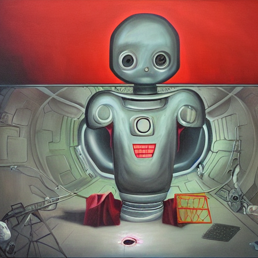 prompthunt: robot being reanimated inside a dome - shaped control center,  evil lair, lowbrow surrealism, oil on canvas