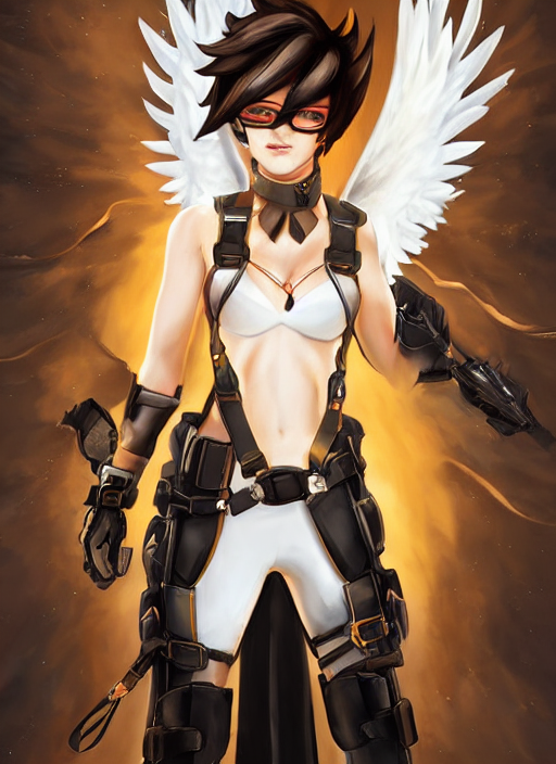 prompthunt: full body artwork of tracer overwatch wearing leather collar,  angel wings, dramatic painting, symmetrical composition, wearing detailed  leather collar, black shiny armor, chains, black harness, detailed face and  eyes,
