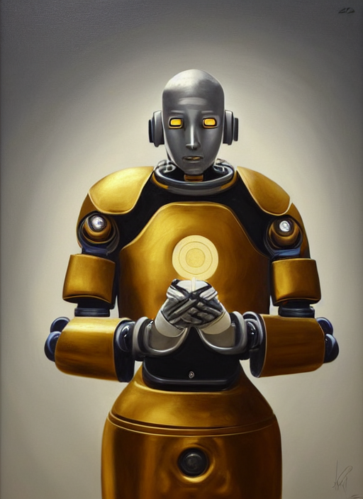 prompthunt: portrait of the robot zen monk zenyatta ( overwatch ), robot  made of metal gold and silver with simple faceplate ( no mouth ) wearing zen  robes, detailed realism in painting,
