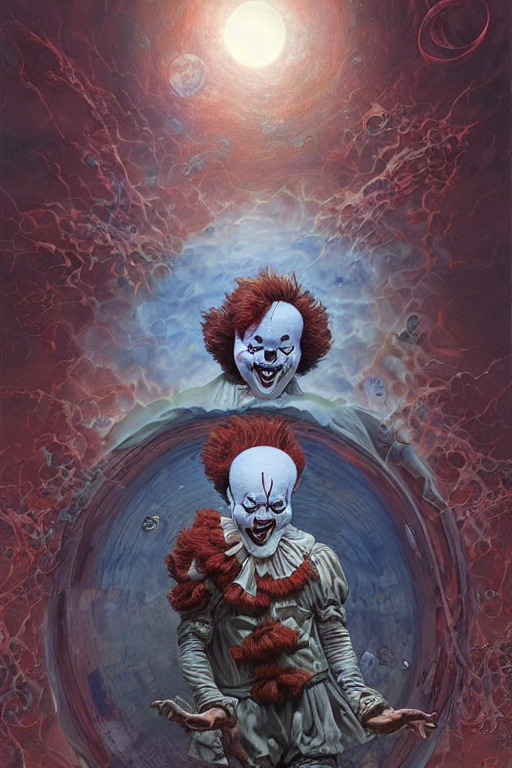 prompthunt: pennywise the dancing clown arriving on earth from space. art  by tomasz alen kopera and glenn fabry.
