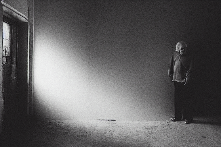“Old man. Photo in style of Matt Mahurin. Dark. Cinematic lighting. Old grainy photo.”