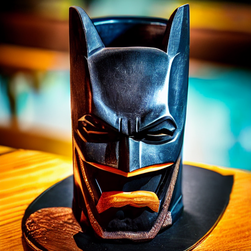 prompthunt: a closeup photorealistic photograph of a batman style tiki mug  sitting at a trader vic's bar featuring batman face. tiki theme. tiki  culture. bright scene. fine detail. this 4 k hd