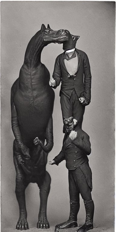 prompthunt: t rex and a horse wearing high heels shaking hands. Business  men, anamorphic, strange, black and white, photograph, 1850s