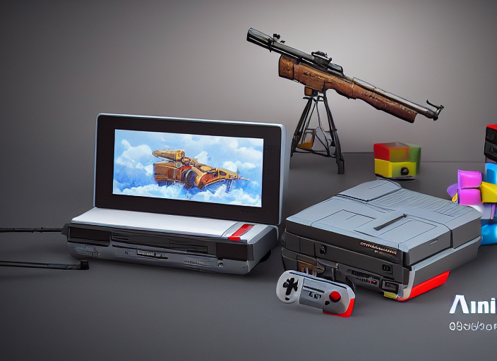 prompthunt: A commercial photo of a super-nintendo with a Sniper gun  painting, studio background, studio lighting, photorealistic, octane  render, 8K, highly detailed, high quality, product photo