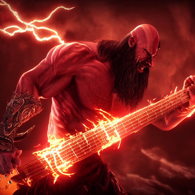 prompthunt: kratos shredding on a flaming stratocaster guitar