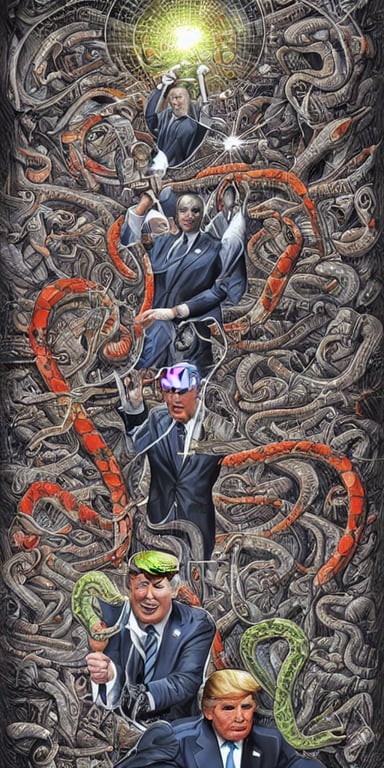 David Dees style conspiracy image containing snakes, aliens, Donald Trump, and Joe Biden