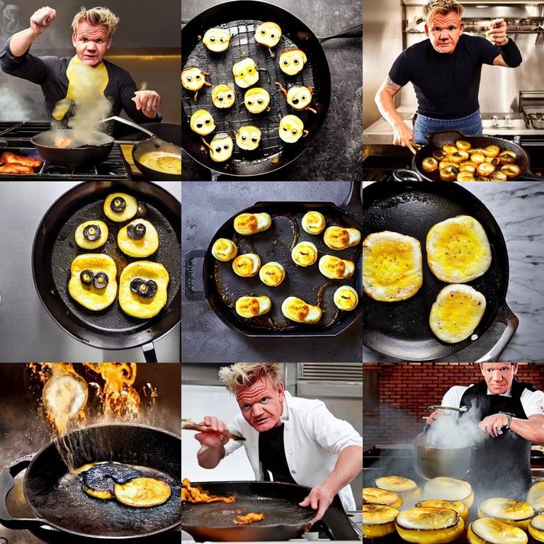 prompthunt: Gordon Ramsay frying minions on a pan