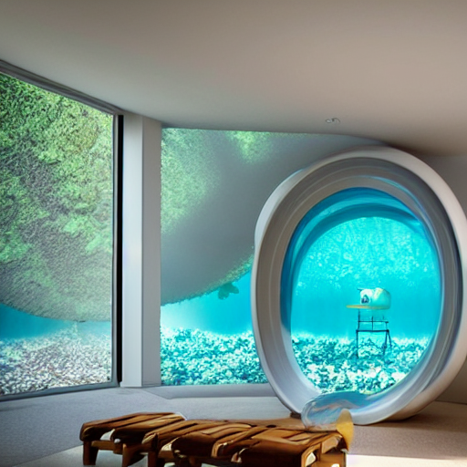 prompthunt underwater glass dome house, comfy living room