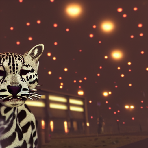 prompthunt: profile shot of a neon ocelot, city lights, strong bokeh