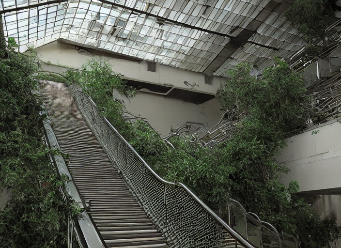 prompthunt: an escalator in an abandoned mall in the 1 9 8 0 s