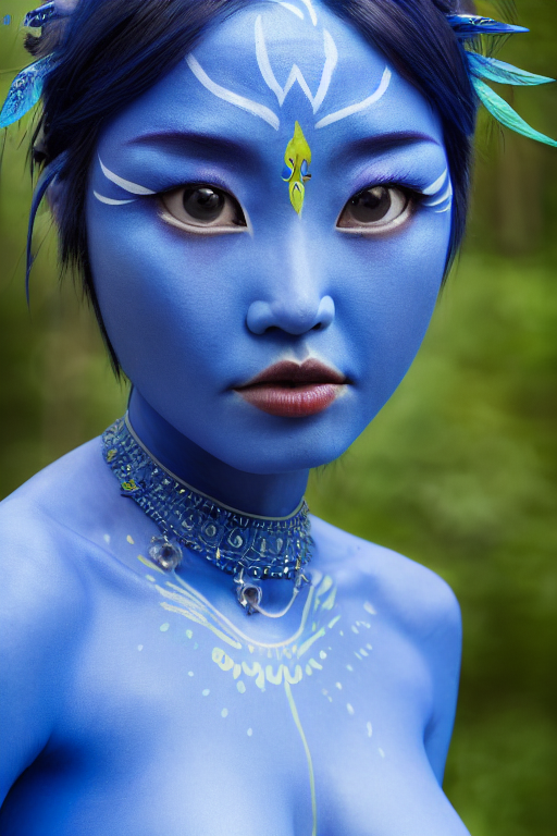 prompthunt: a korean woman dressed as a blue-skinned female navi from  avatar standing in a forest, blue body paint, high resolution film still,  8k, HDR colors, cosplay, outdoor lighting, high resolution photograph