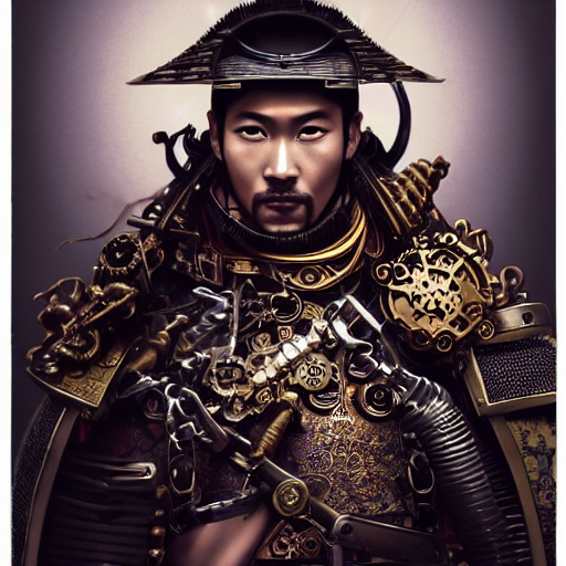 prompthunt: portrait of a modern steampunk japanese samurai, fantasy,  complex armour, stylized!!, trending on artstation, gsociety, D&D,  elegant!!!!, highly detailed, concept art!!!, smooth, sharp focus, upper  body, intricate, detailed face, backlit by