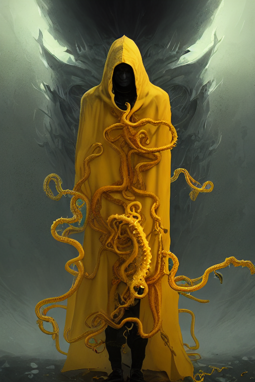 prompthunt: A full body portrait of a mysterious character with no face  with a very long hooded yellow cloak, a golden crown floating above his  head tentacles coming out the ground art