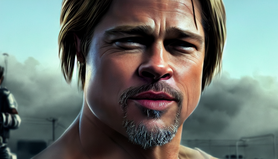 prompthunt: Brad Pitt is Leon S. Kennedy, hyperdetailed, in the background,  palm trees, sharp focus, sun, and fog are everywhere only one in the frame,  artstation, cgsociety, 8k